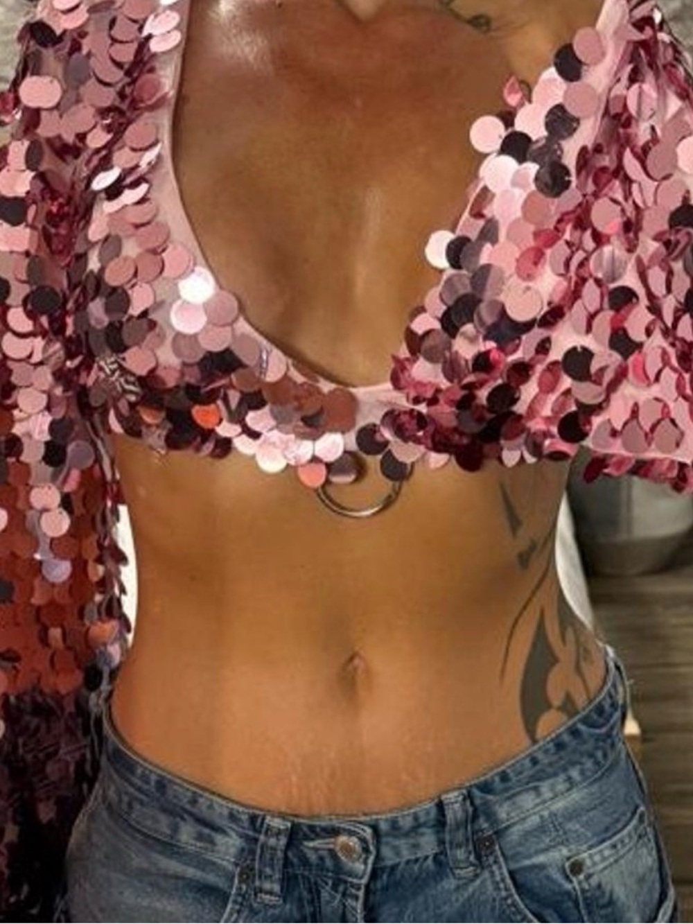 Pink Sequin V-Neck Crop Top